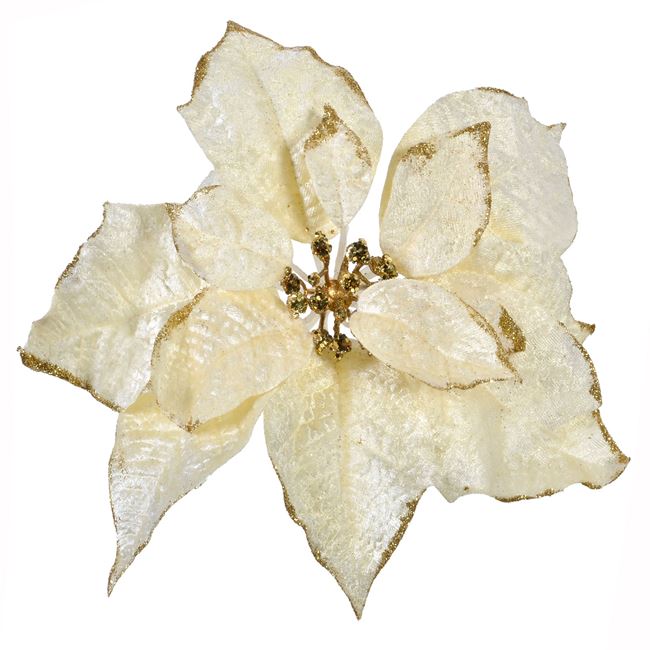 Χριστουγεννιάτικο Λουλούδι Κλιπ Αλεξανδρινό Χρυσό Βελουτέ Κρεμ Glitter 26cm