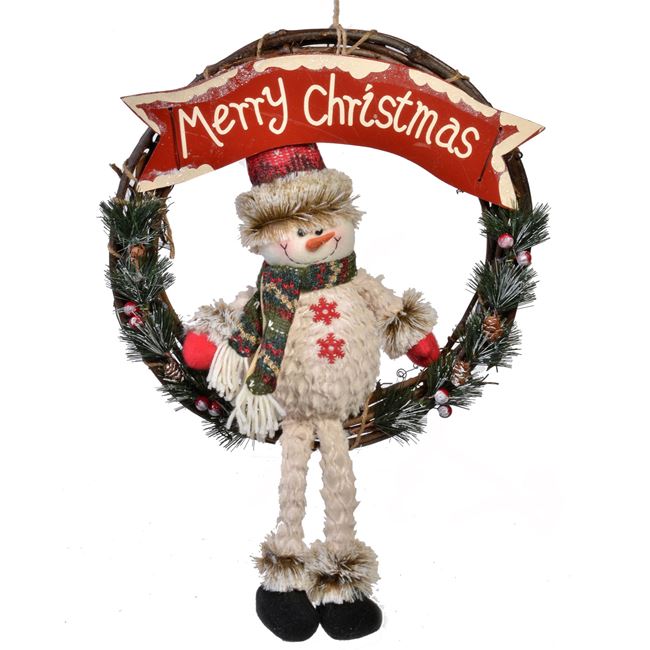 Χριστουγεννιάτικο Διακοσμητικό Ξύλινο Στεφάνι Χιονάνθρωπος 49cm