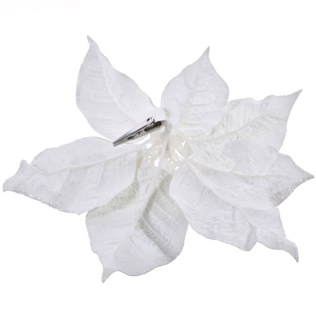 Χριστουγεννιάτικο Λουλούδι Κλιπ Αλεξανδρινό Λευκό Βελουτέ Glitter 25cm