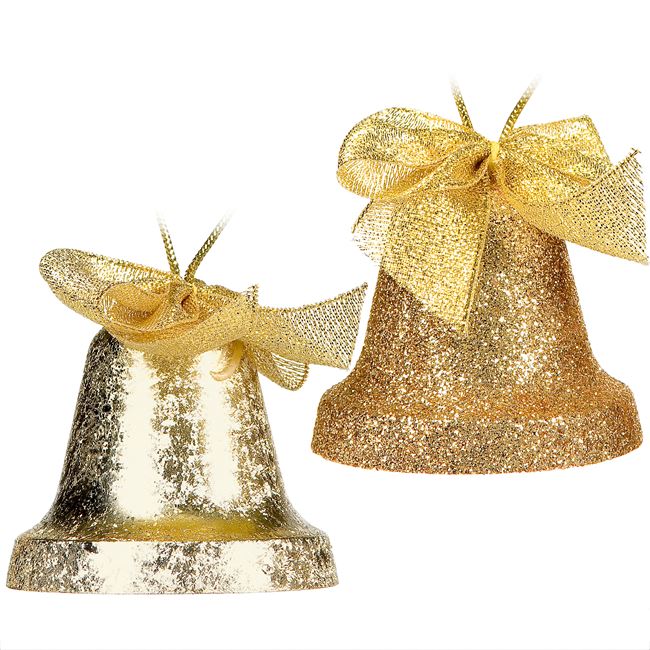 Σετ Χριστουγεννιάτικα Στολίδια Καμπάνες Χρυσές Ματ Glitter Φιόγκος 6cm - 4 τμχ.