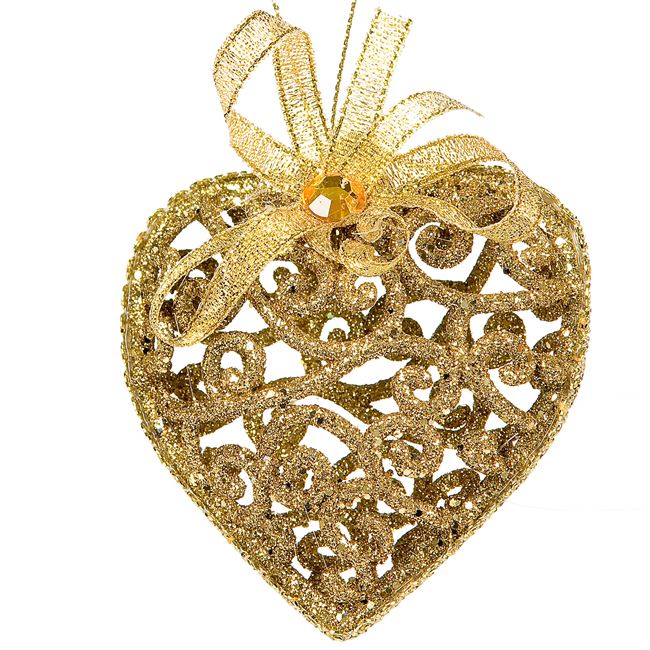 Σετ Χριστουγεννιάτικα Στολίδια Καρδιές Διάτρητες Χρυσό Glitter Φιόγκος 6 cm - 6 τμχ.