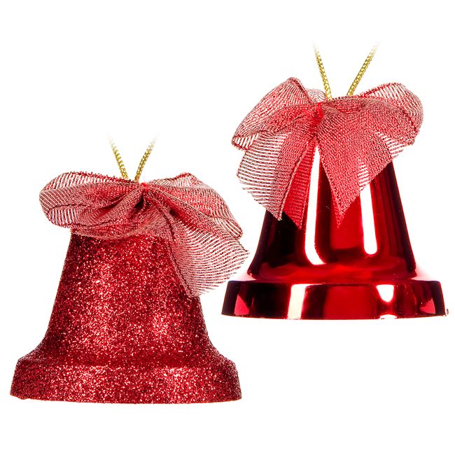 Σετ Χριστουγεννιάτικα Στολίδια Καμπάνες Κόκκινες Γυαλιστερές Glitter 6cm - 4 τμχ.