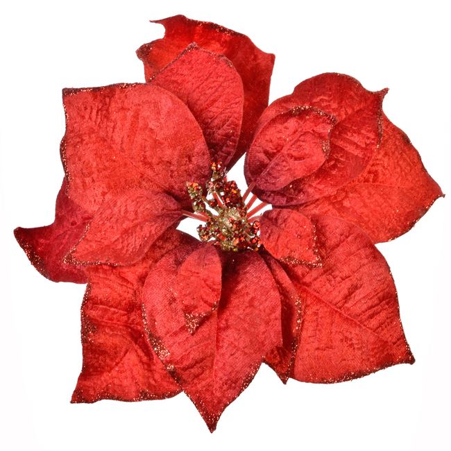 Χριστουγεννιάτικο Λουλούδι Κλιπ Αλεξανδρινό Βελουτέ Κόκκινο Στρας Glitter 25 cm