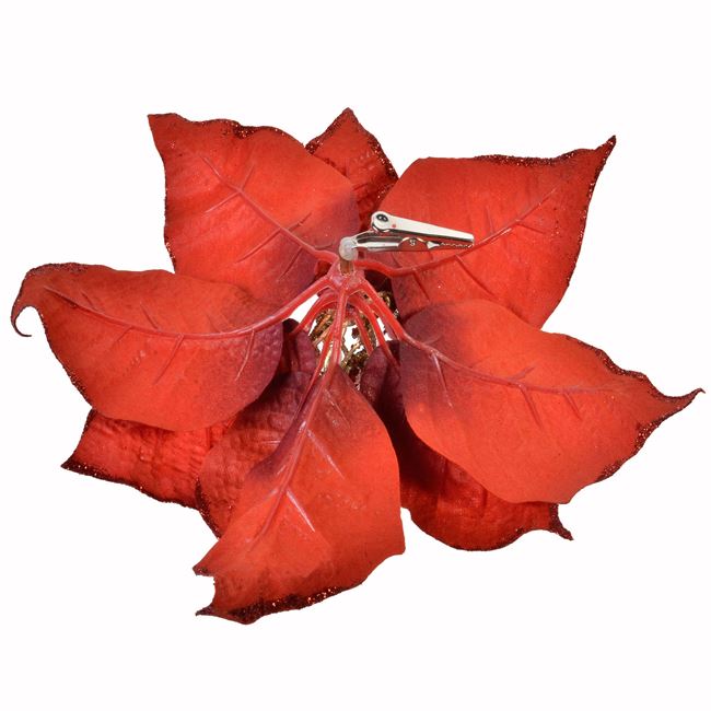 Χριστουγεννιάτικο Λουλούδι Κλιπ Αλεξανδρινό Βελουτέ Κόκκινο Στρας Glitter 25cm