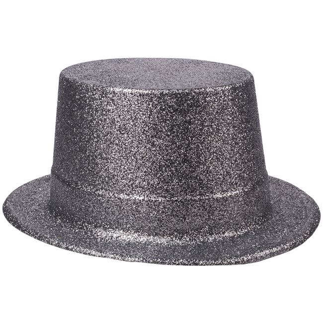 Αποκριάτικο Καπέλο Ενηλίκων Ψηλό Ασημί Glitter