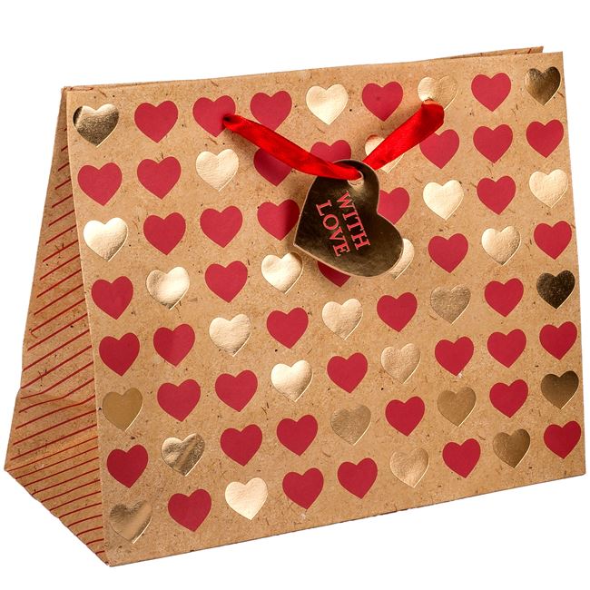Τσάντα Δώρου Xάρτινη Kraft Καφέ Κόκκινες Χρυσές Καρδιές 23x18x10 cm