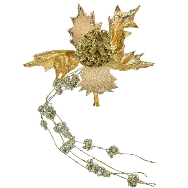 Χριστουγεννιάτικο Λουλούδι Κλιπ Αλεξανδρινό Χρυσό Glitter με Γιρλάντα 22 cm 