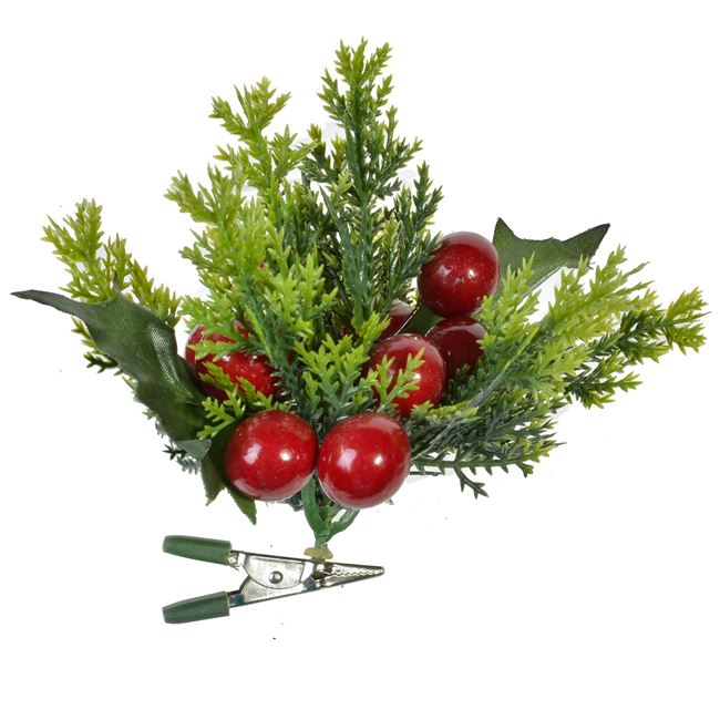 Χριστουγεννιάτικο Λουλούδι Κλιπ Κλαδί Έλατο Κόκκινα Berries 9 cm
