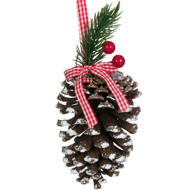 Χριστουγεννιάτικο Στολίδι Δέντρου Κουκουνάρι Καρό Φιόγκος Berries 15 cm 