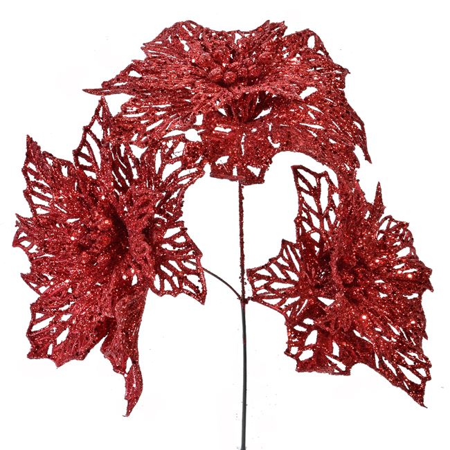 Χριστουγεννιάτικο Διακοσμητικό Κλαδί Λουλούδι Κόκκινο Glitter 22 cm
