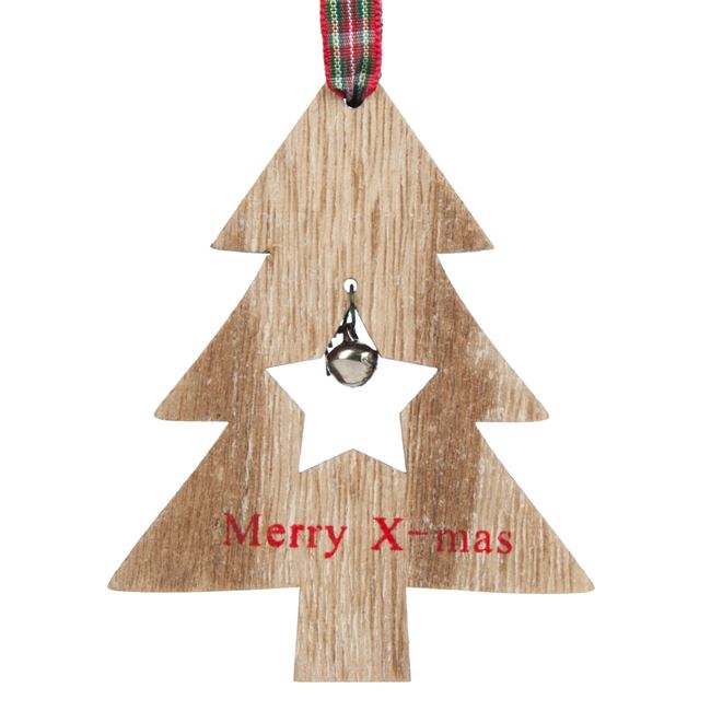  Χριστουγεννιάτικο Στολίδι Δέντρου Ξύλινο Δέντρο Καρό Κορδέλα Κουδουνάκι 11 cm