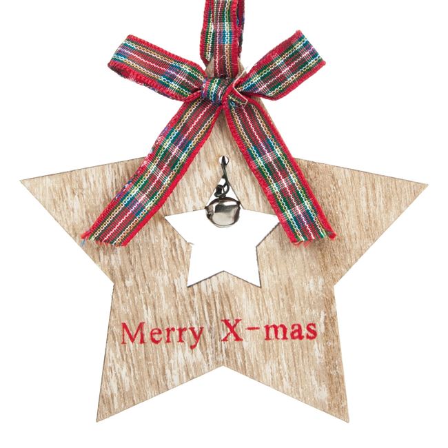 Χριστουγεννιάτικο Στολίδι Δέντρου Ξύλινο Αστέρι Κουδουνάκι Καρό Κορδέλα 11 cm