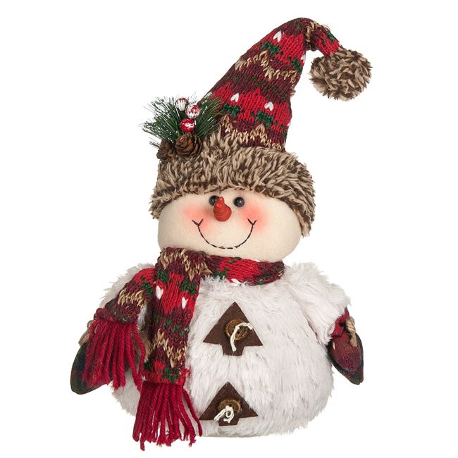 Χριστουγεννιάτικη Διακοσμητική Φιγούρα Χιονάνθρωπος Λευκή Γούνα Ζακάρ Σκουφί Κασκόλ 30 cm
