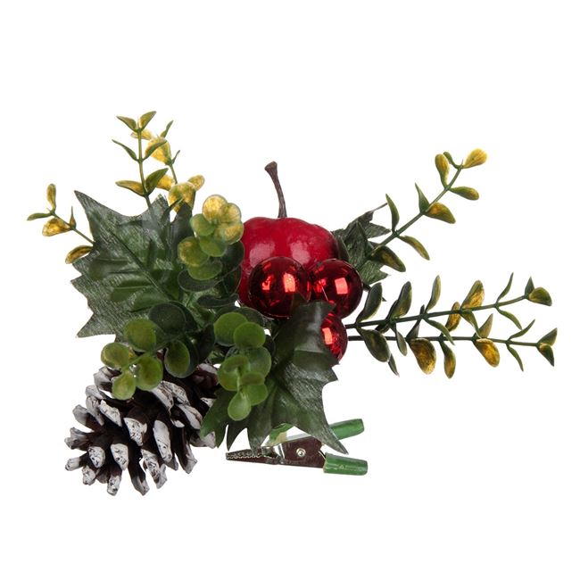 Χριστουγεννιάτικο Λουλούδι Κλιπ Κλαδί Πράσινα Φύλλα Κουκουνάρι Κόκκινο Μήλο 10 cm