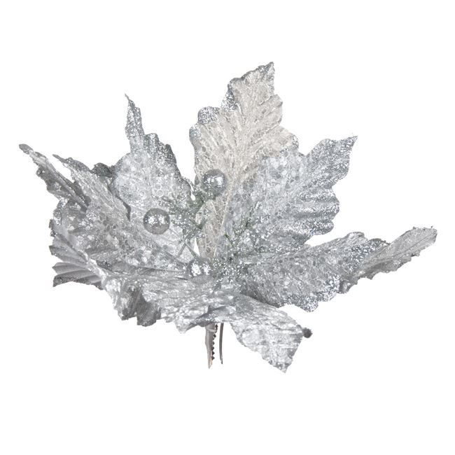 Χριστουγεννιάτικο Λουλούδι Κλιπ Αλεξανδρινό Ασημί Πούλιες Glitter 23 cm