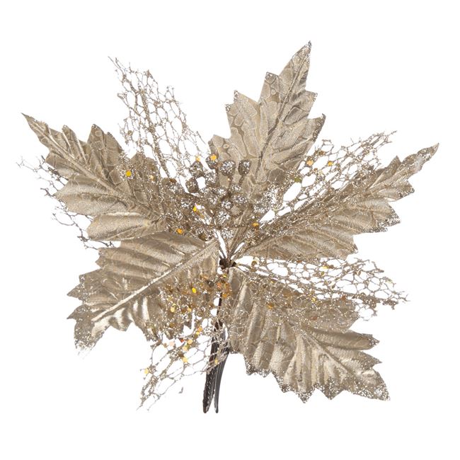 Χριστουγεννιάτικο Λουλούδι Κλιπ Αλεξανδρινό Σαμπανί Δαντέλα Glitter 25 cm