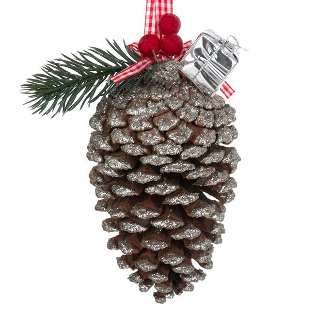 Χριστουγεννιάτικο Στολίδι Δέντρου Κουκουνάρι Ασημί Glitter Καρό Κορδέλα Δώρο Κλαδί Berries 12 cm