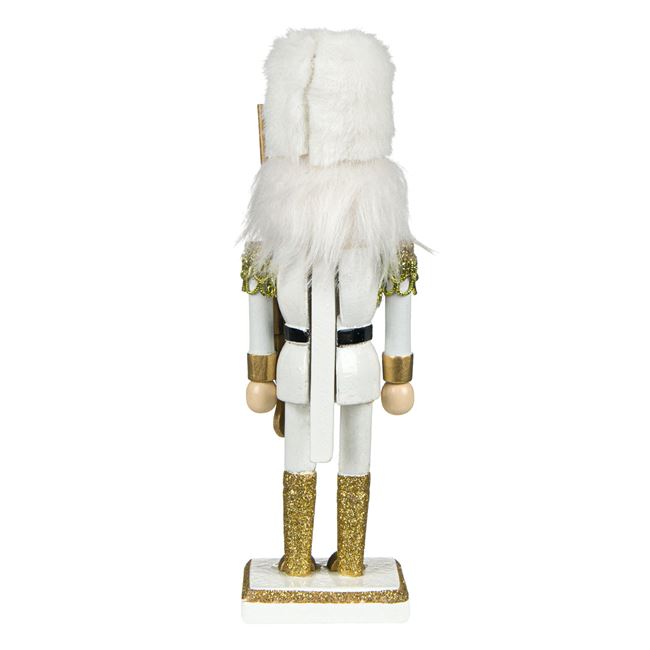 Χριστουγεννιάτικο Διακοσμητικό Ξύλινος Στρατιώτης Λευκή Χρυσή Στολή Glitter Γούνα Καπέλο 20 cm