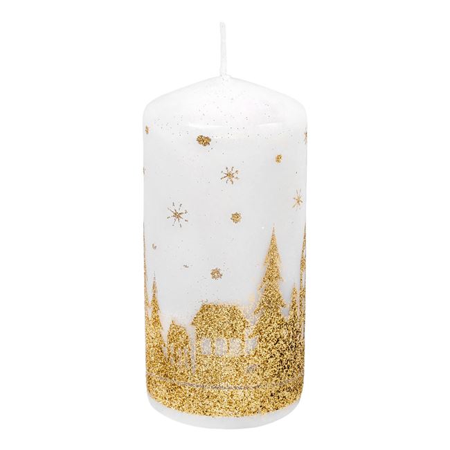 Κερί Κολώνα Χριστουγεννιάτικο Λευκό Χρυσό Glitter Έλατα Νιφάδες 5x12.5cm