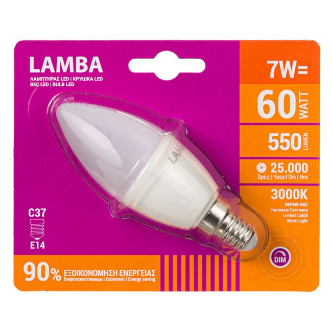Λαμπτήρας LED E14 7W (C37) Dimming - Θερμό Φως 