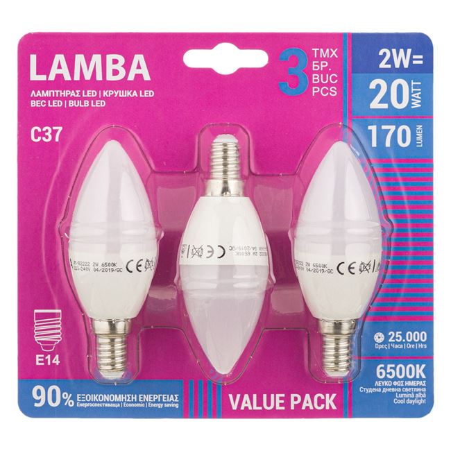 Λαμπτήρας LED E14 2W (C37) Ψυχρό Φως - 3 τμχ.