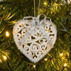 Σετ Χριστουγεννιάτικα Στολίδια Καρδιές Λευκές Διάτρητες Ασημί Φιόγκος Λευκή Πέτρα 8 cm - 6 τμχ.
