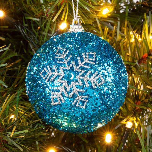 Σετ Χριστουγεννιάτικες Μπάλες Τυρκουάζ Glitter Ασημί Νιφάδα 8 cm - 6 τμχ.
