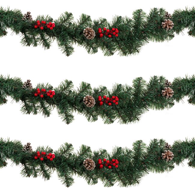 Χριστουγεννιάτικη Διακοσμητική Γιρλάντα Πράσινη Berries Κουκουνάρια 2.7mx26cm