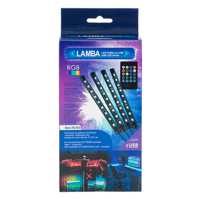 LED Ράβδοι RGB με USB & Χειριστήριο - 4 τμχ.