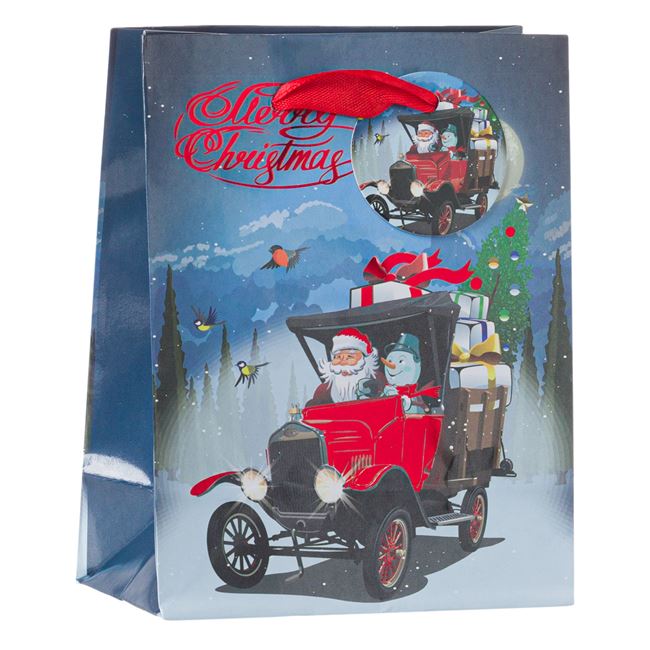Τσάντα Δώρου Χριστουγεννιάτικη Άγιος Βασίλης Vintage Αυτοκίνητο 11x6x14 cm