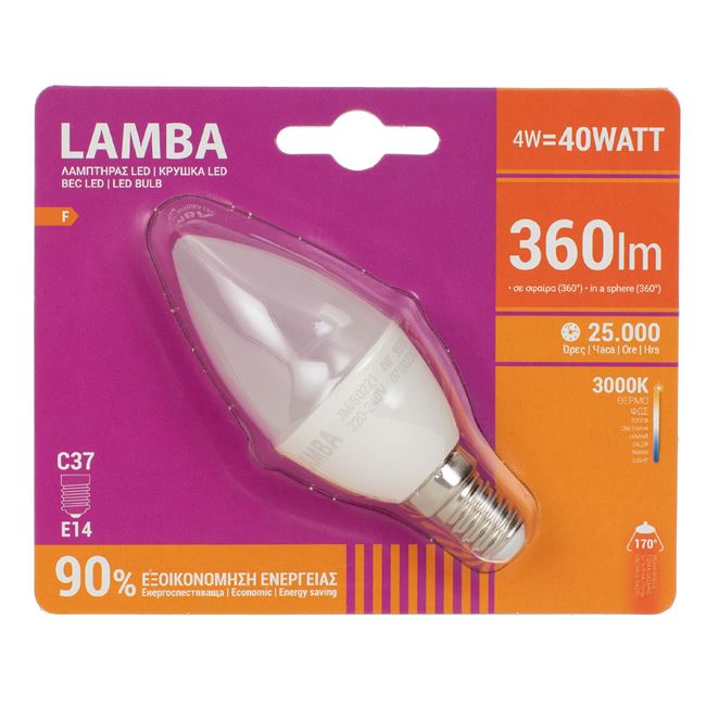 Λαμπτήρας LED Ε14 4W (C37) - Θερμό Φως