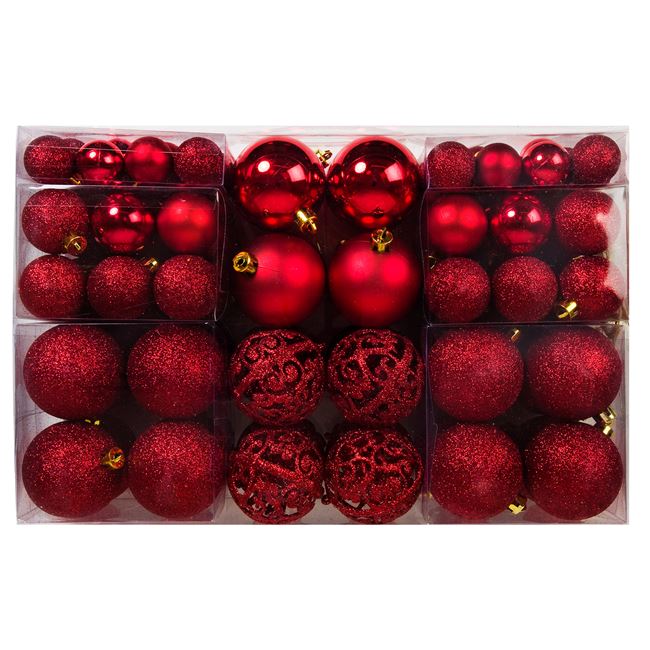 Σετ Χριστουγεννιάτικες Μπάλες Κόκκινες Ματ Γυαλιστερές Glitter Διάτρητες 3-4-6cm - 100 τμχ.