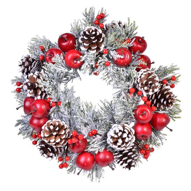 Χριστουγεννιάτικο Διακοσμητικό Δαχτυλίδι Κεριού Χιόνι Κουκουνάρια Μήλα Berries 34 cm