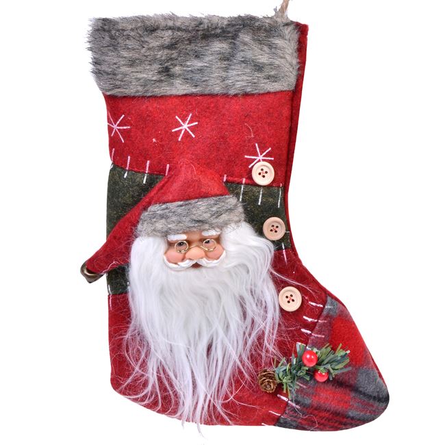 Χριστουγεννιάτικη Διακοσμητική Μπότα 3D Κόκκινη Καρό Άγιος Βασίλης Γούνινο Σκουφί 30cm