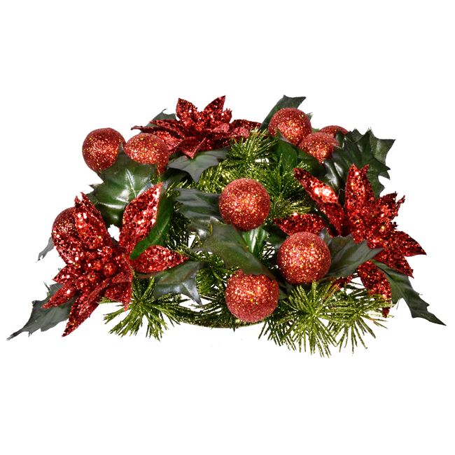 Χριστουγεννιάτικο Διακοσμητικό Δαχτυλίδι Κεριού Κόκκινα Αλεξανδρινά Γκι Μπάλες 22 cm