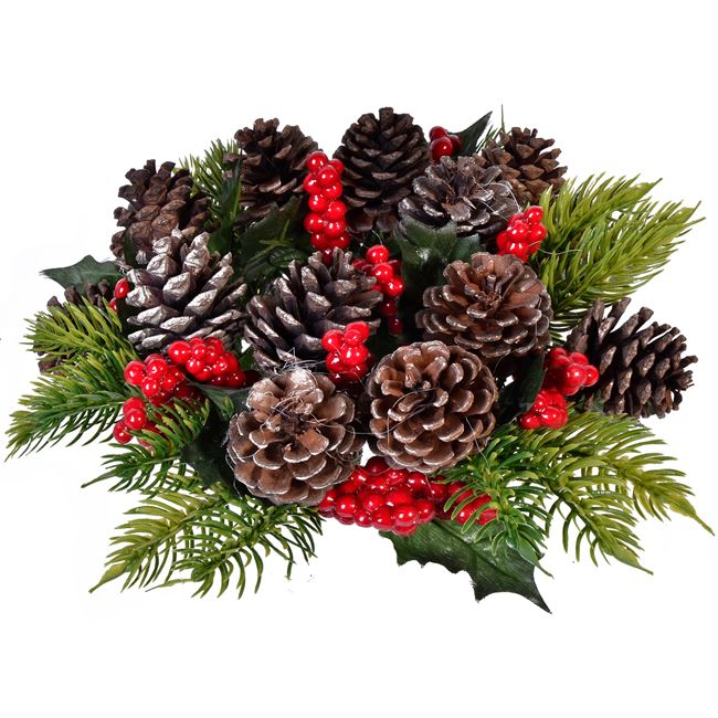Χριστουγεννιάτικο Διακοσμητικό Δαχτυλίδι Κεριού Κουκουνάρια Κόκκινα Berries 25 cm