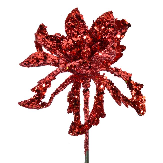 Χριστουγεννιάτικο Διακοσμητικό Λουλούδι Κόκκινο Glitter 16 cm