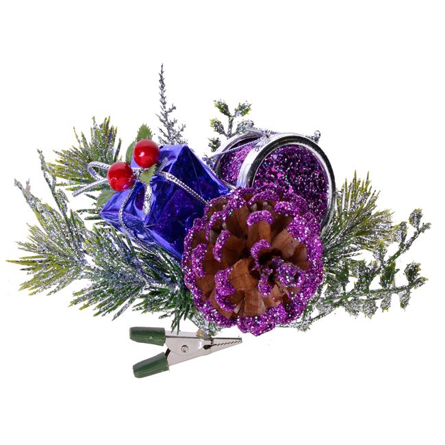 Χριστουγεννιάτικο Λουλούδι με Κλιπ Κλαδί με Δώρο Κουκουνάρι Τύμπανο Μωβ 18 cm