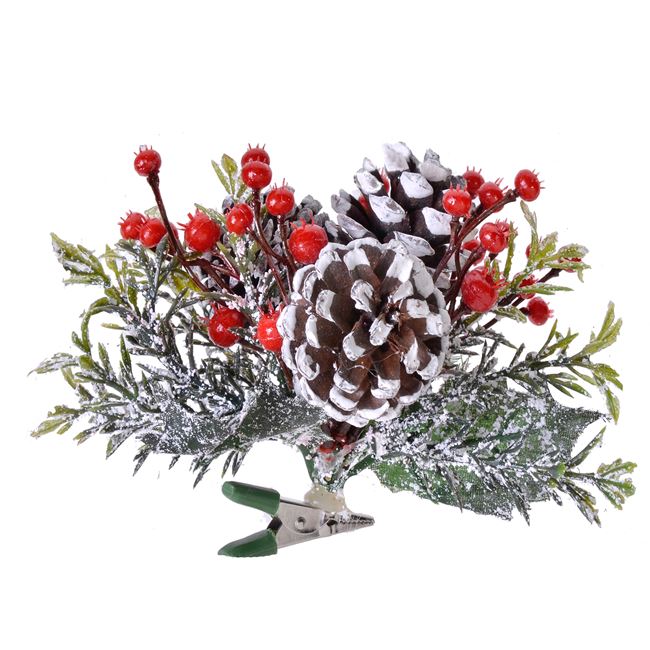Χριστουγεννιάτικο Λουλούδι Κλιπ Κλαδί Έλατο Χιονισμένο Kουκουνάρια Κόκκινοι Καρποί 10cm
