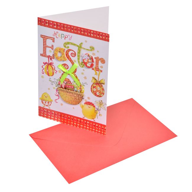 Πασχαλινή Κάρτα Ευχών 3D Καλάθι με Αυγά Κοτοπουλάκια "Happy Easter" & Κόκκινος Φάκελος 12x19cm